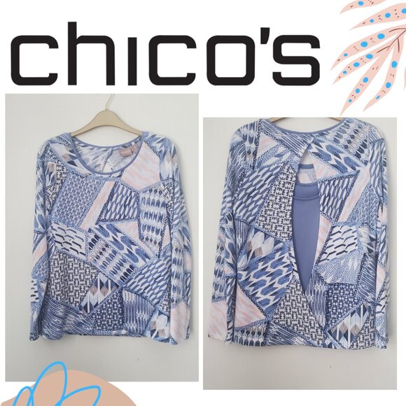 CHICO'S Women's Blue Abstract Print Sweater Light w/ Tank Top Underlay - Picture 1 of 11